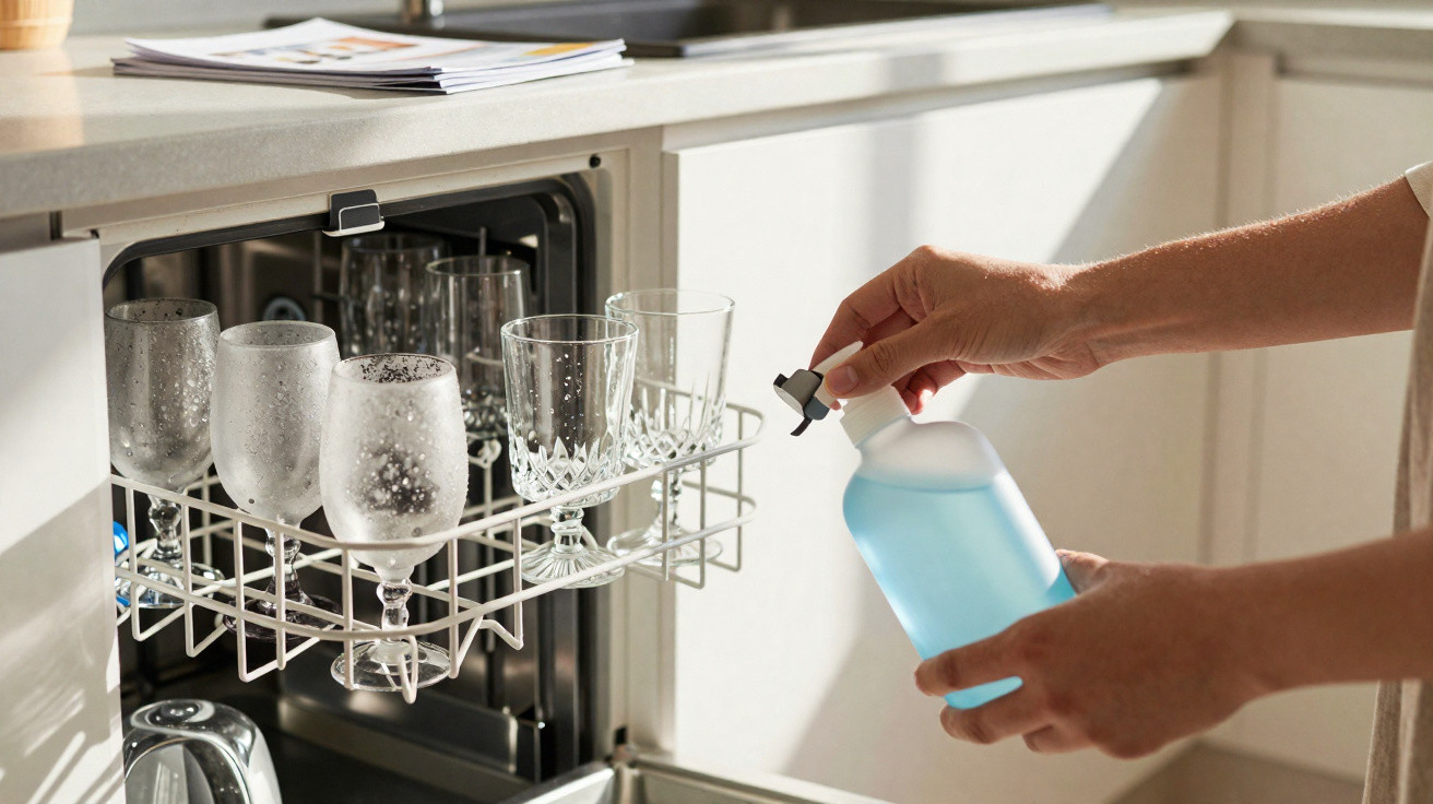 Person pouring blue dish soap into an open dishwasher drawer filled with various glasses in a kitchen.