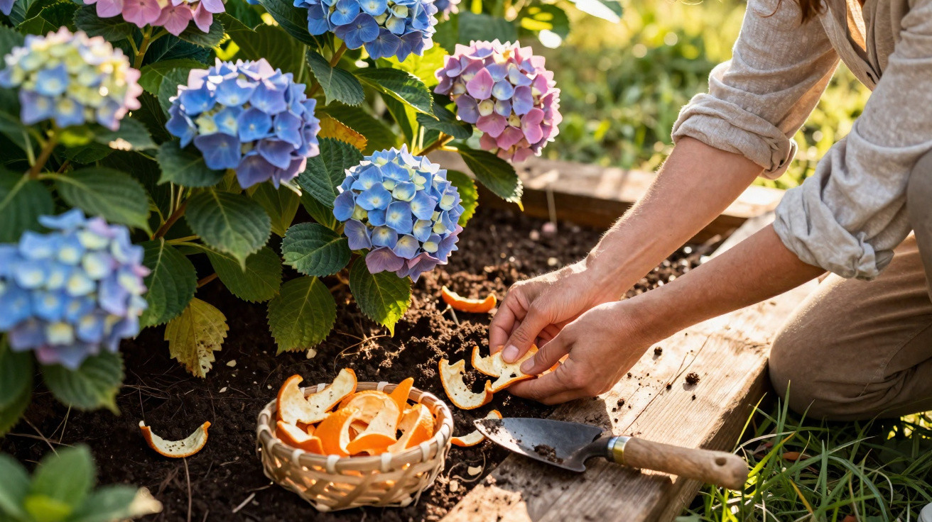 Person placing orange peels on soil near blooming blue and pink hydrangea flowers in a garden bed.
