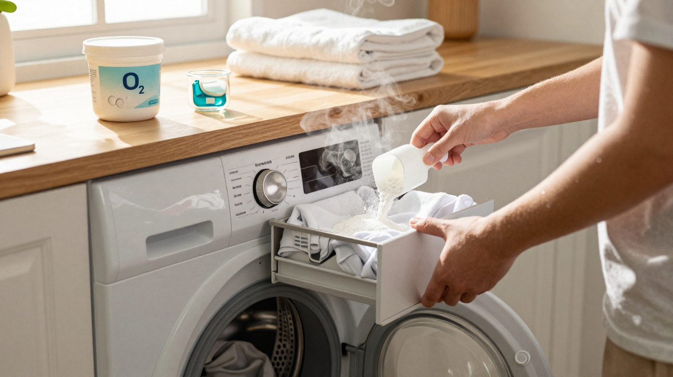 Person pouring steaming detergent into a washing machine drawer in a bright laundry room.