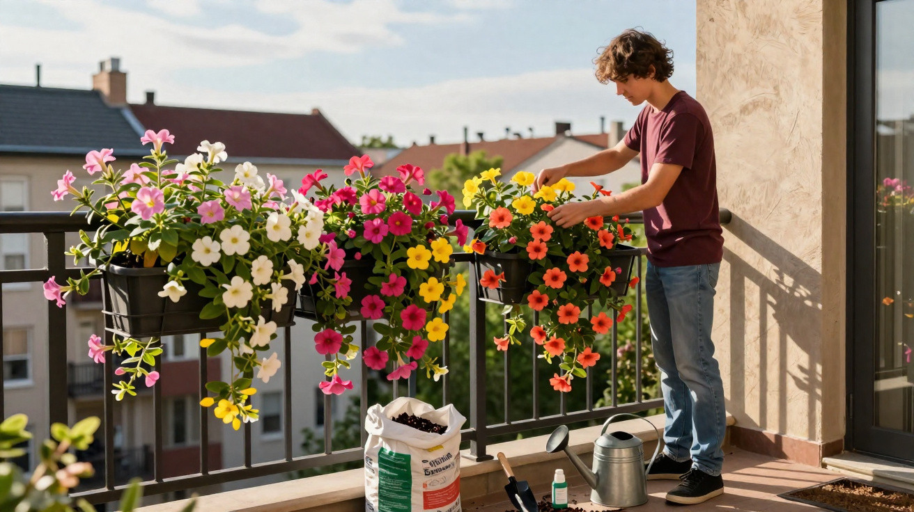 Young man tending colourful flowers on a sunny balcony with gardening tools and soil bag nearby.