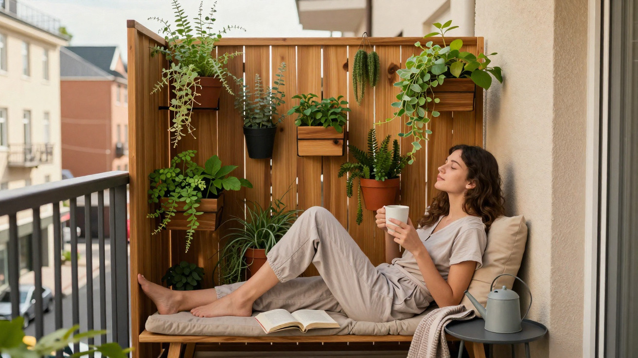 Woman relaxing with a cup of coffee on a balcony bench surrounded by potted plants and an open book.
