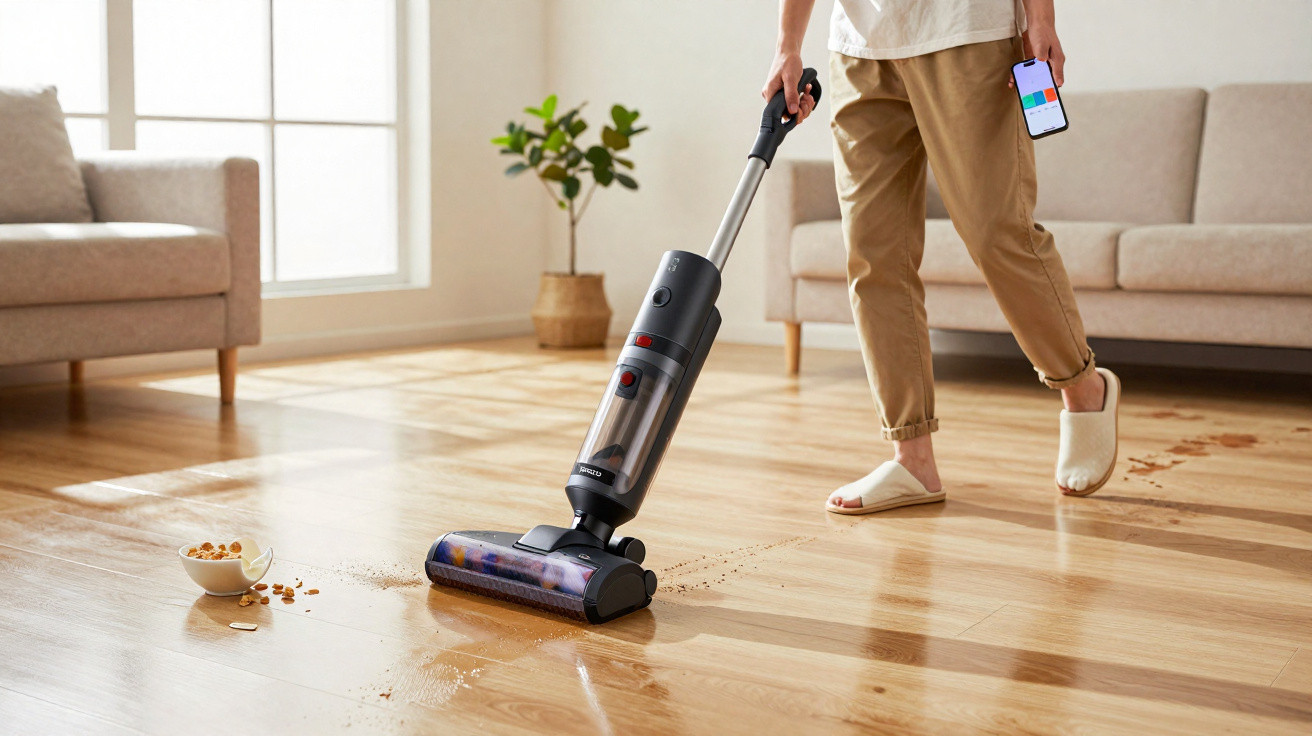Person using a cordless vacuum cleaner to clean cereal and liquid spills on a wooden living room floor.