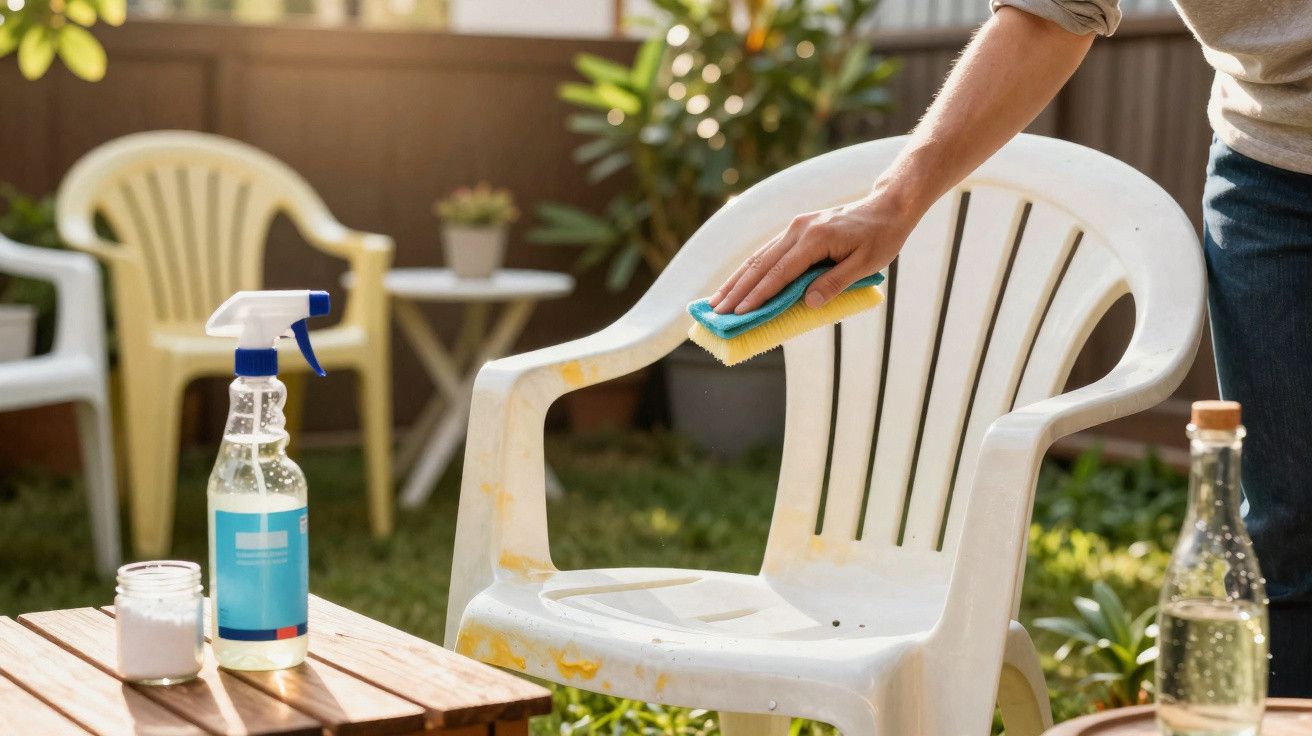 Person cleaning a stained white plastic garden chair with a sponge outdoors in a sunny backyard.