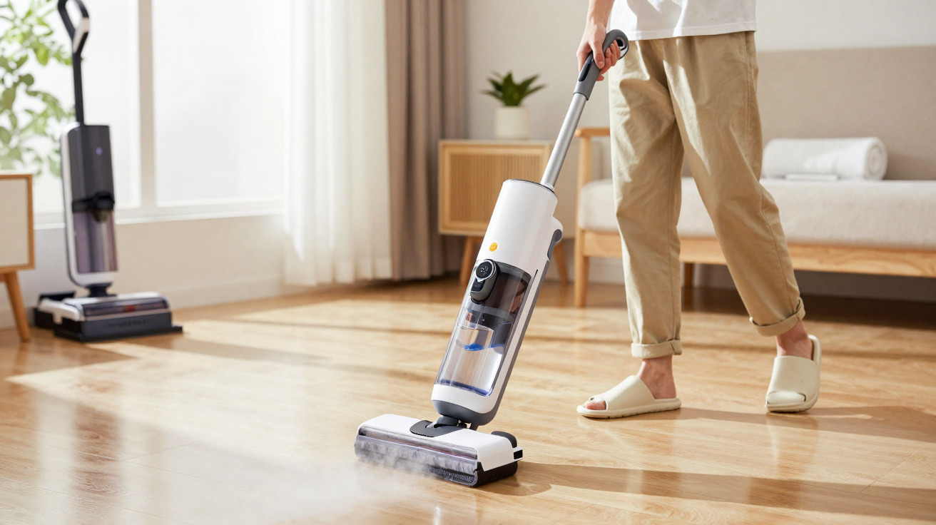 Person using a white cordless vacuum cleaner to clean a wooden floor in a bright living room.