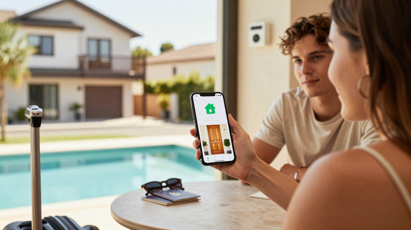 Woman showing smartphone with home automation app to man by outdoor pool at modern house.