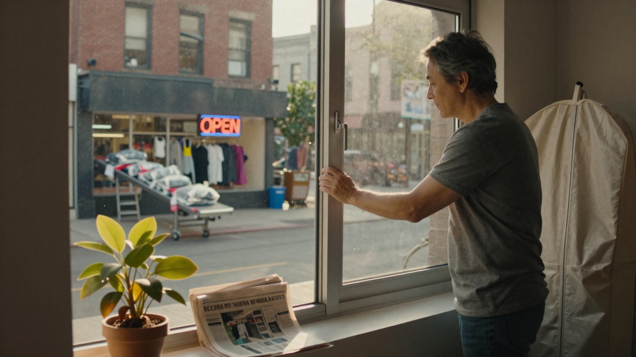 Man opening a window in a room overlooking a street with a clothing store and an open sign.