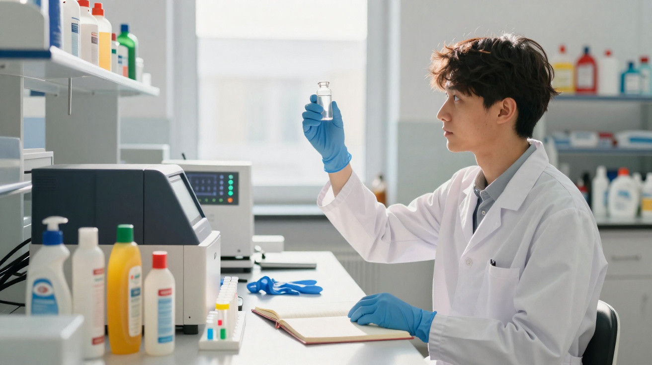Scientist in white lab coat examining liquid sample in a small vial in a laboratory setting.