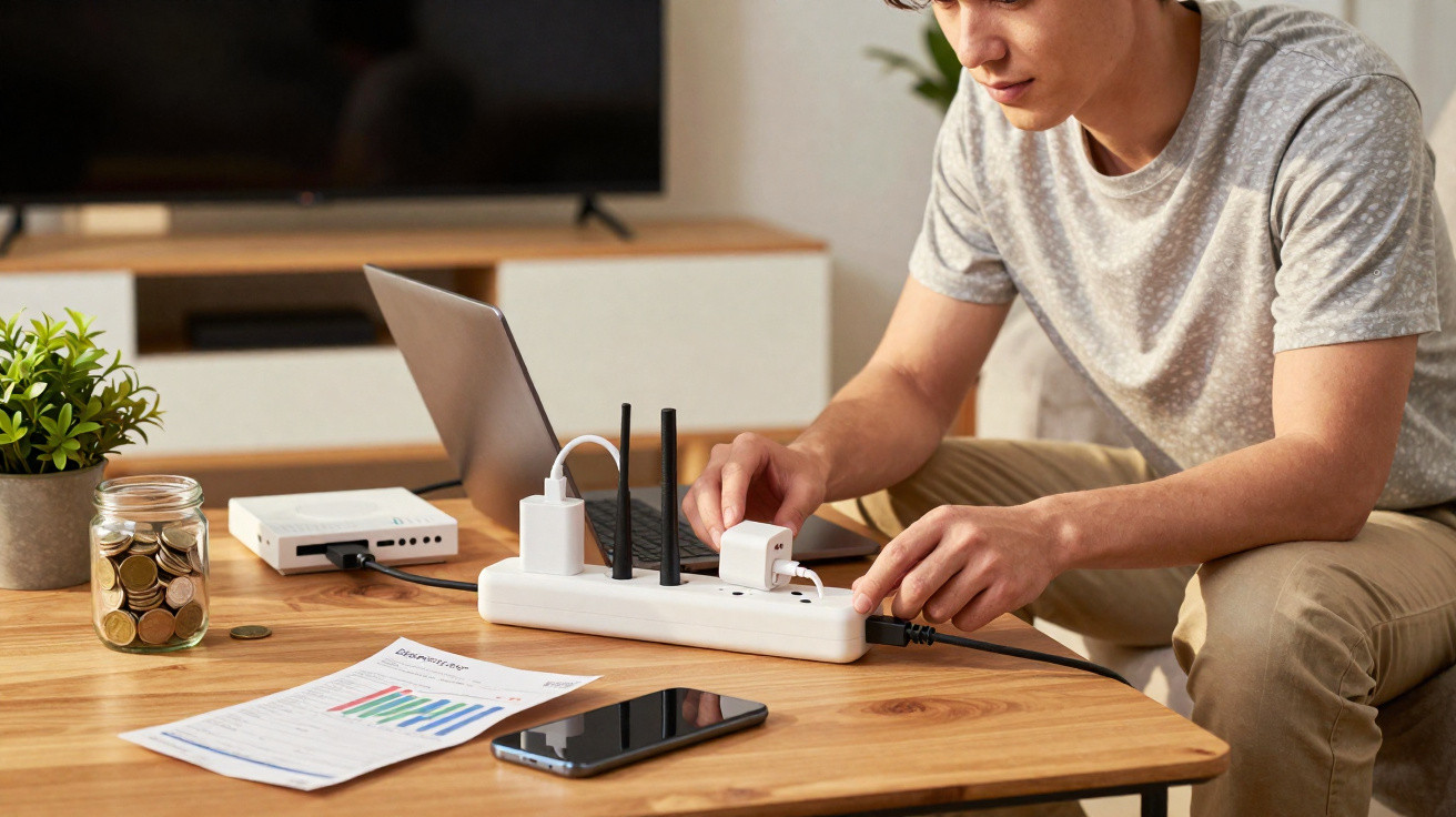 Person plugging a charger into a power strip on a wooden table with laptop, smartphone, and coins jar nearby.
