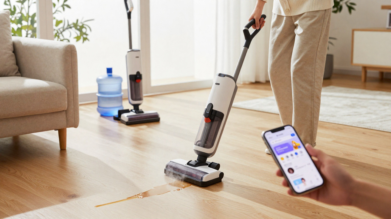 Person using a cordless vacuum cleaner to clean a liquid spill on a wooden floor in a bright living room.
