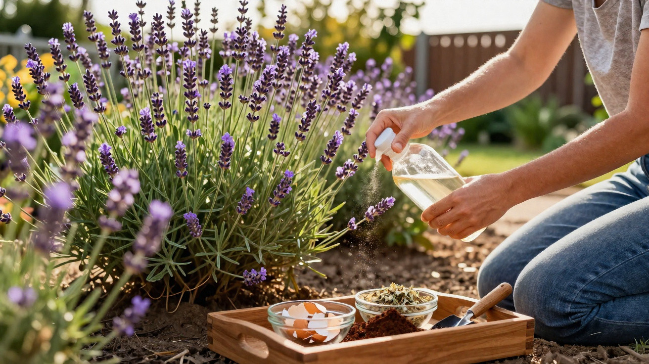 Person spraying lavender plants in a garden with natural fertiliser and gardening tools on a wooden tray.