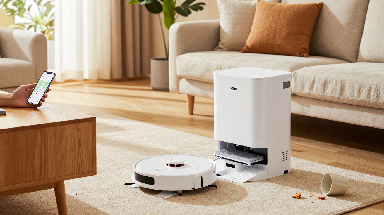 Robot vacuum and automatic dirt disposal unit cleaning a beige carpet next to a sofa in a modern living room.
