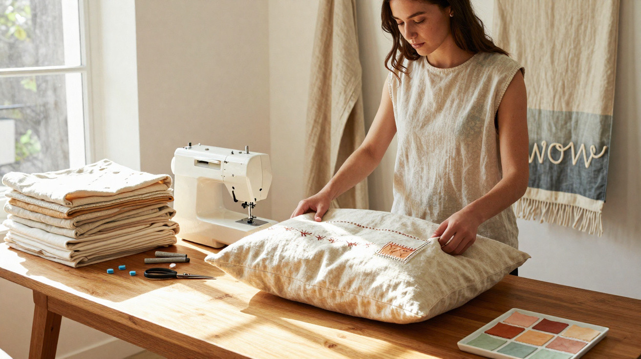 Woman working on a decorative cushion at a wooden table with a sewing machine and fabric materials in natural light.