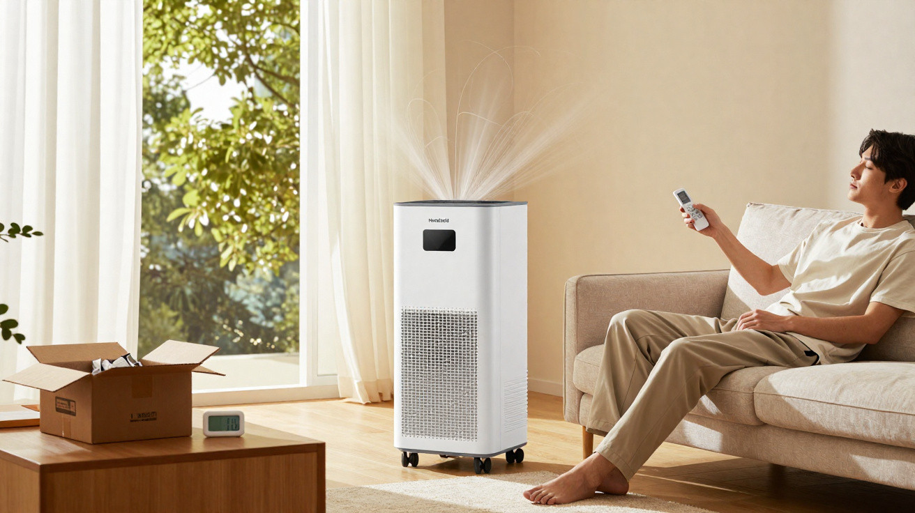 Man sitting on sofa using remote to control white air purifier in a sunny living room with open window.