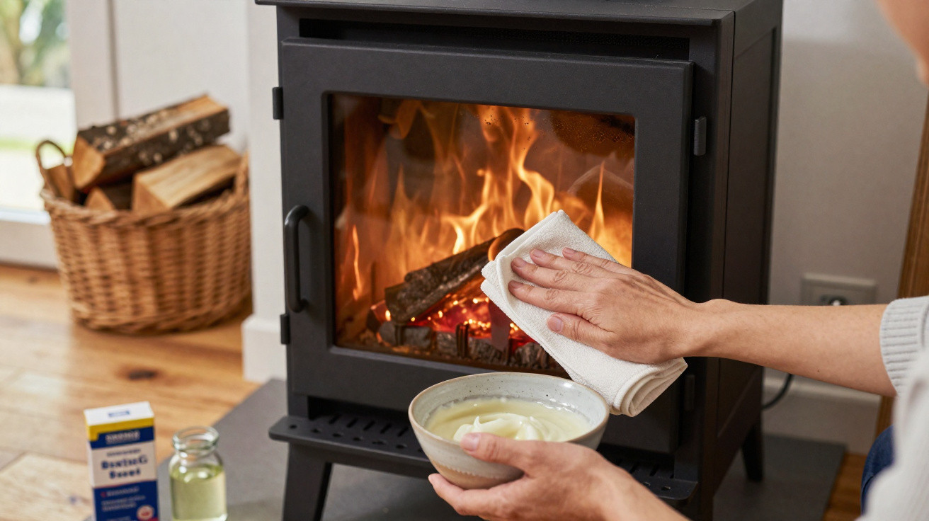 Person cleaning the glass door of a lit wood-burning stove with a cloth and cream near a basket of logs.