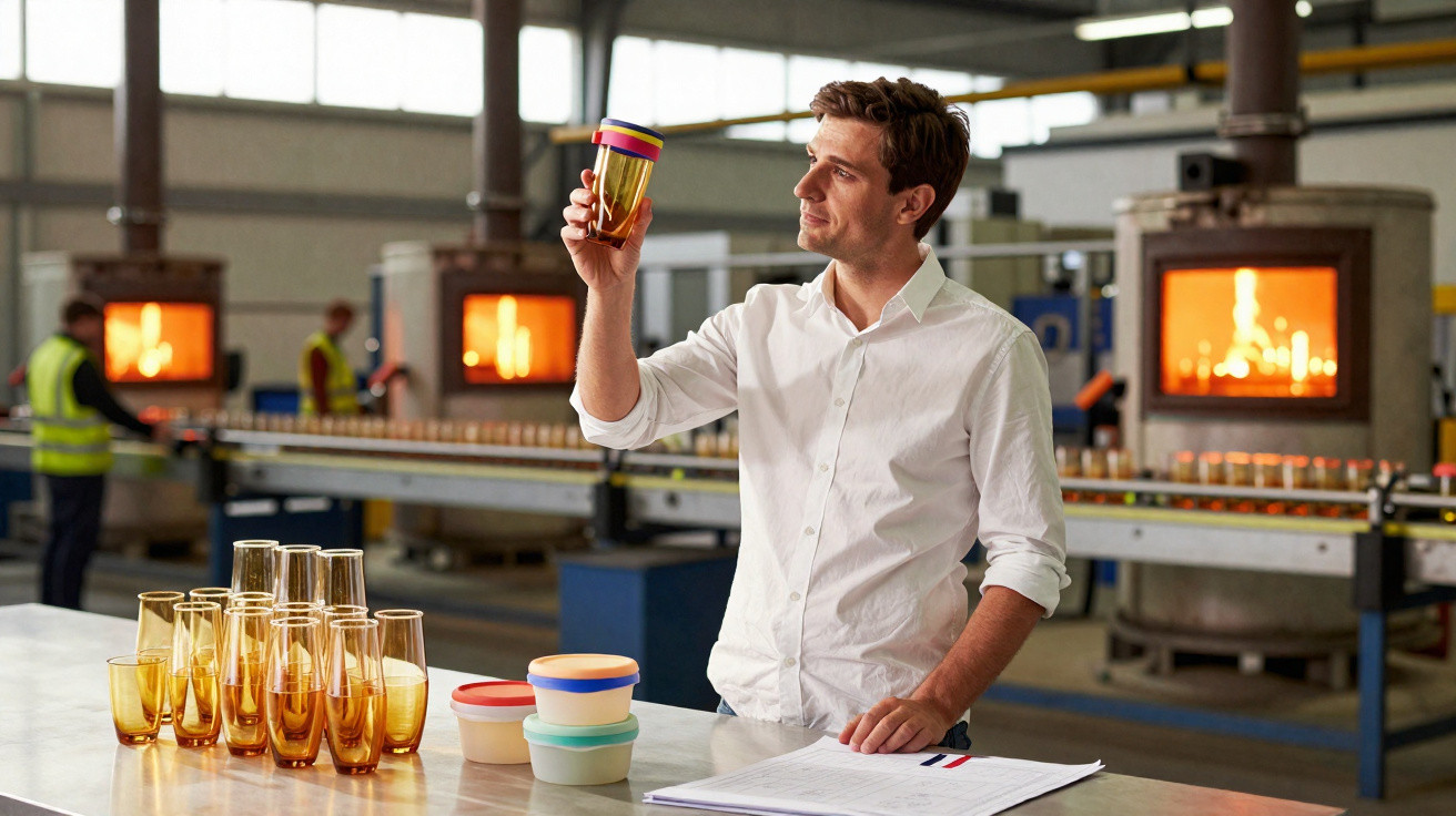 Man inspecting a translucent amber plastic cup in a factory with glassware and furnaces in the background.