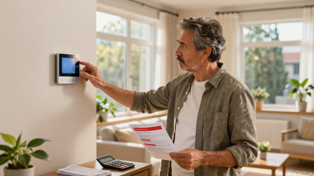 Middle-aged man adjusting a smart thermostat on the wall while holding a bill in a bright living room.