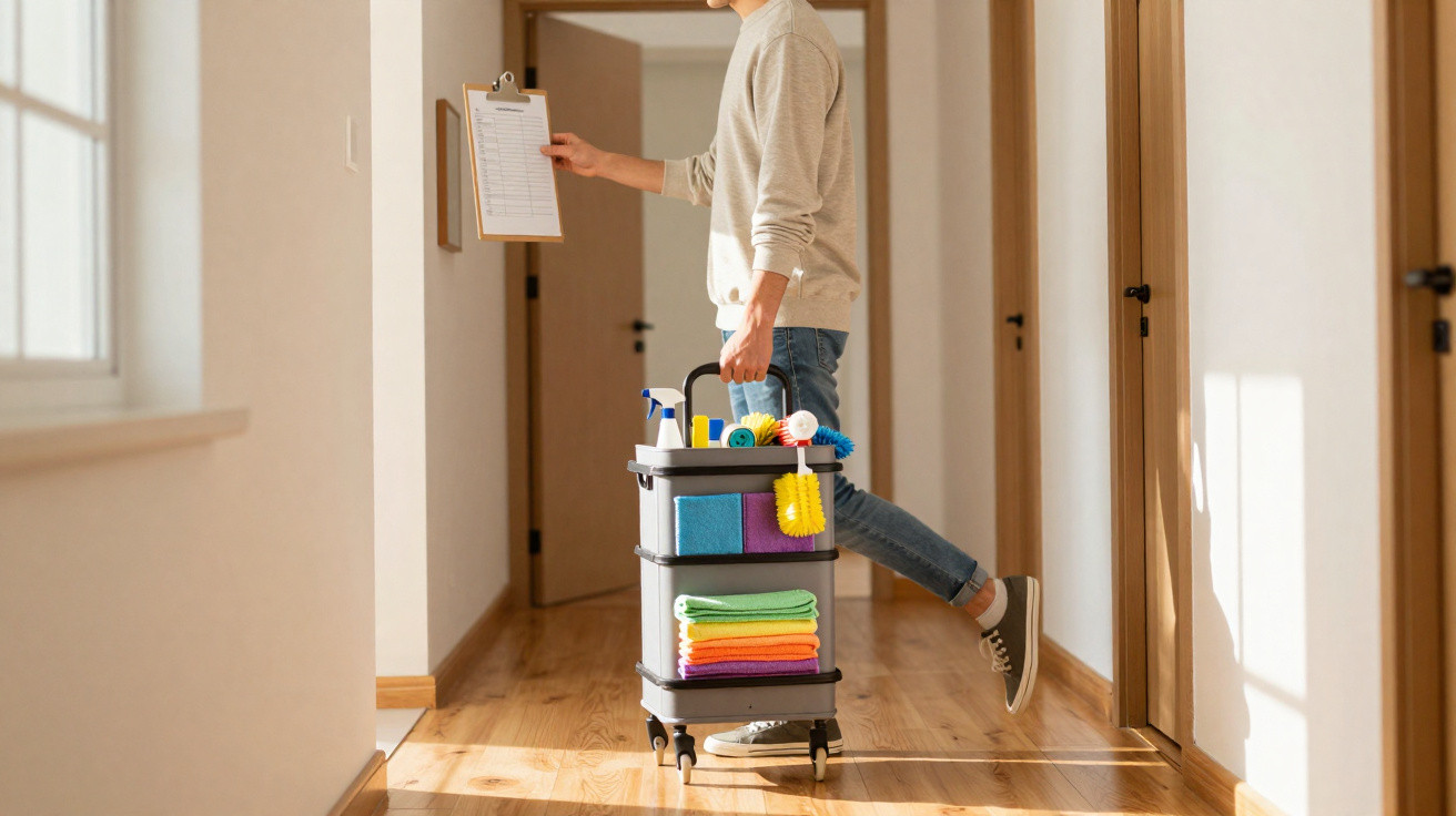 Person holding clipboard and pushing trolley with cleaning supplies in a sunlit hallway with wooden floors.