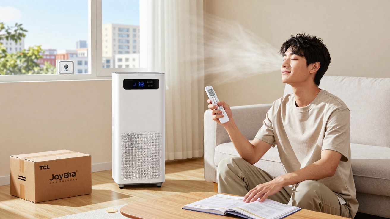 Man sitting on floor using remote to spray mist from air purifier in bright living room