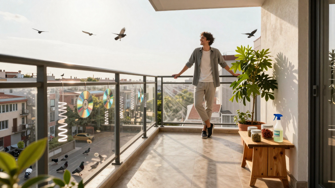 Man standing on balcony with bird deterrent discs and pigeons flying nearby at sunset