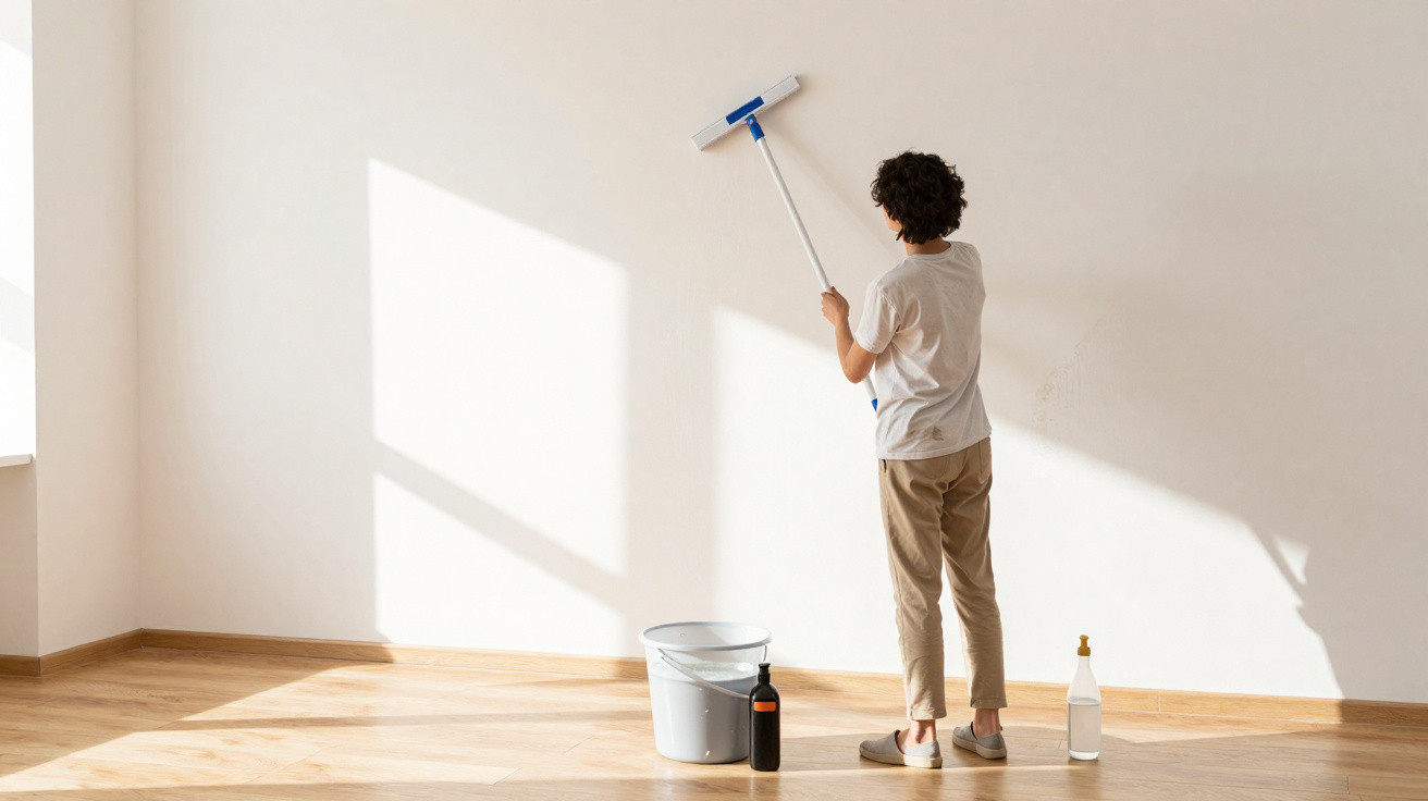 Person cleaning a white wall with a mop in a sunlit empty room with wooden flooring and cleaning supplies.