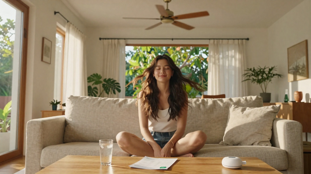 Woman sitting cross-legged on a beige sofa meditating in a bright living room with plants and wooden furniture.