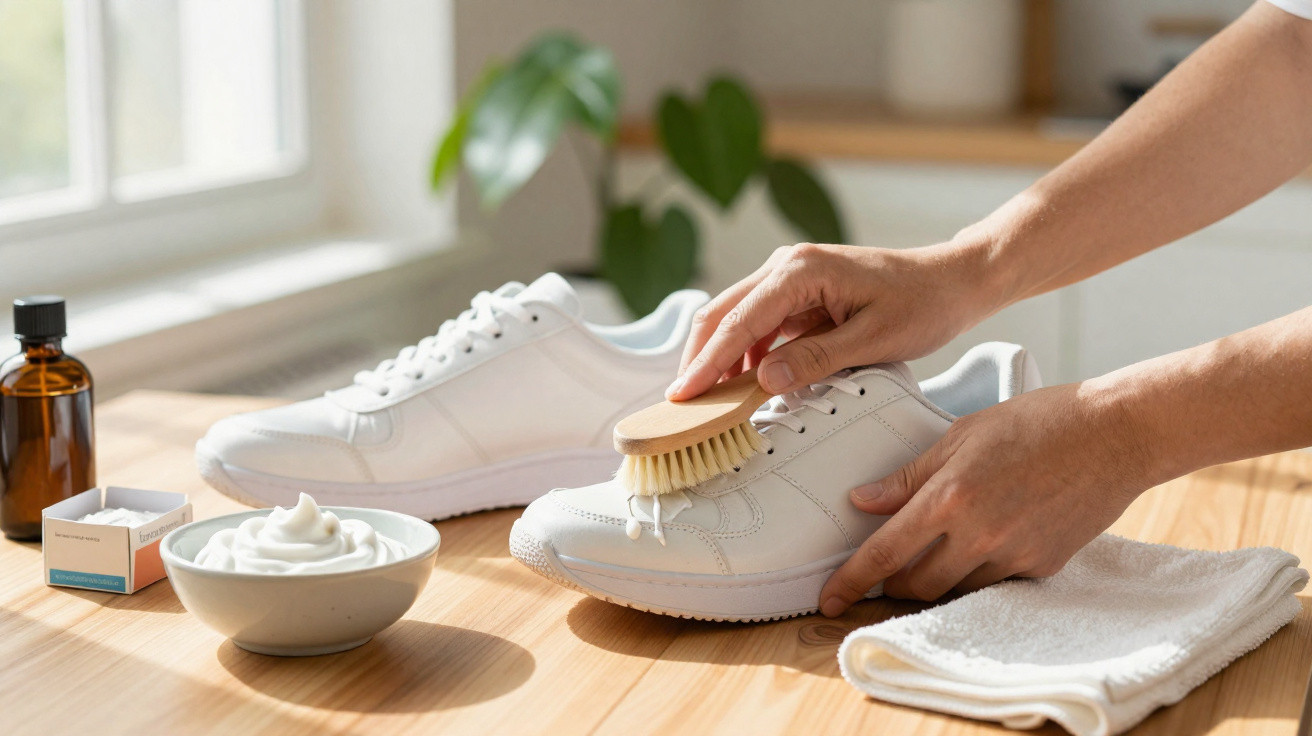 Person cleaning white sneakers with a brush, cream, and cleaning supplies on a wooden table by a window.