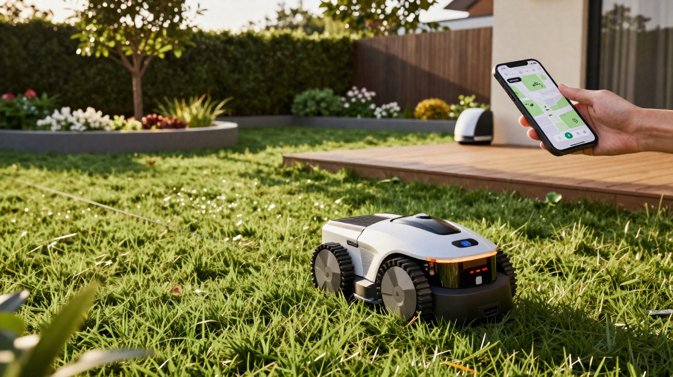 Robotic lawn mower operating on grass with a hand holding a smartphone showing its control app.