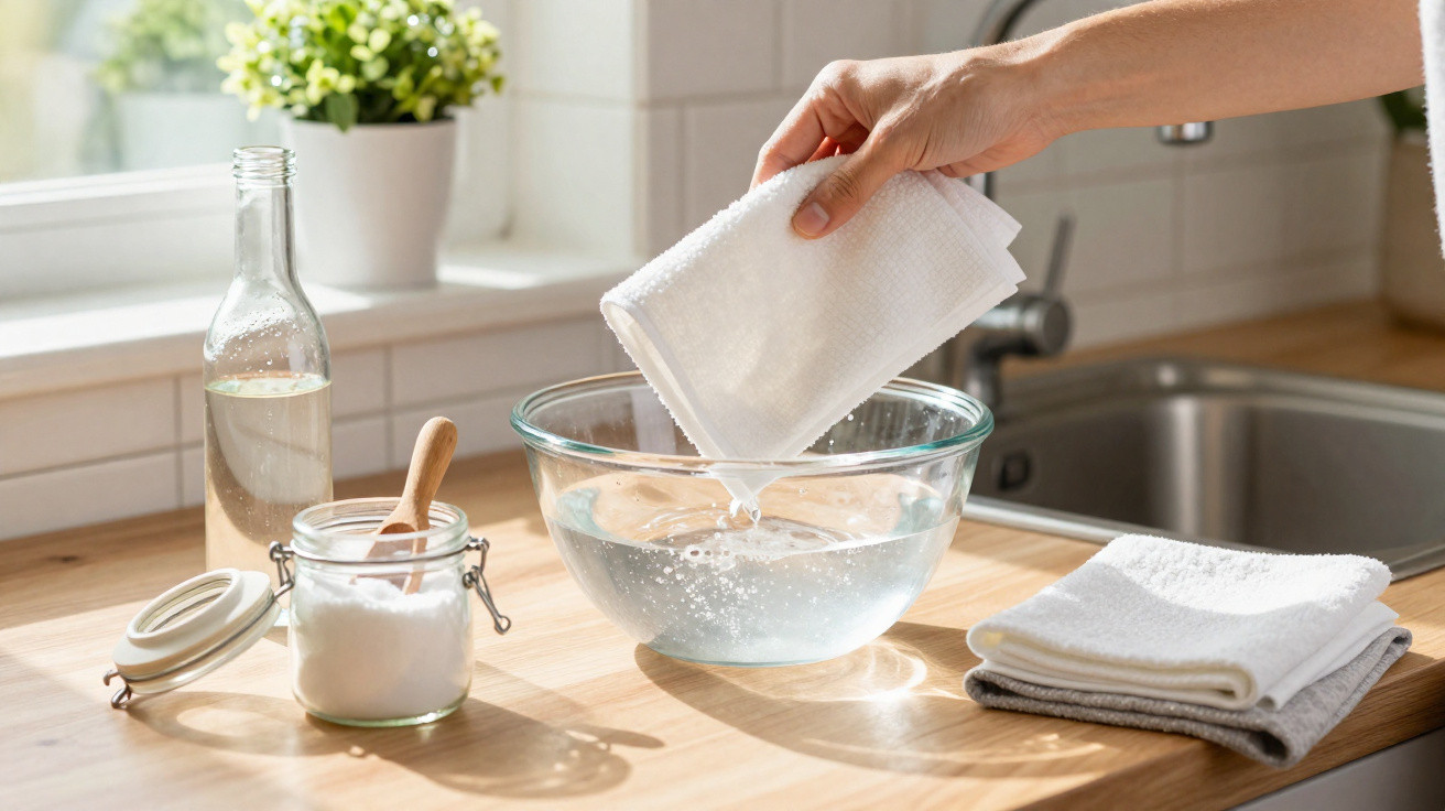 Hand pouring water from a white cloth into a glass bowl on a wooden kitchen countertop.