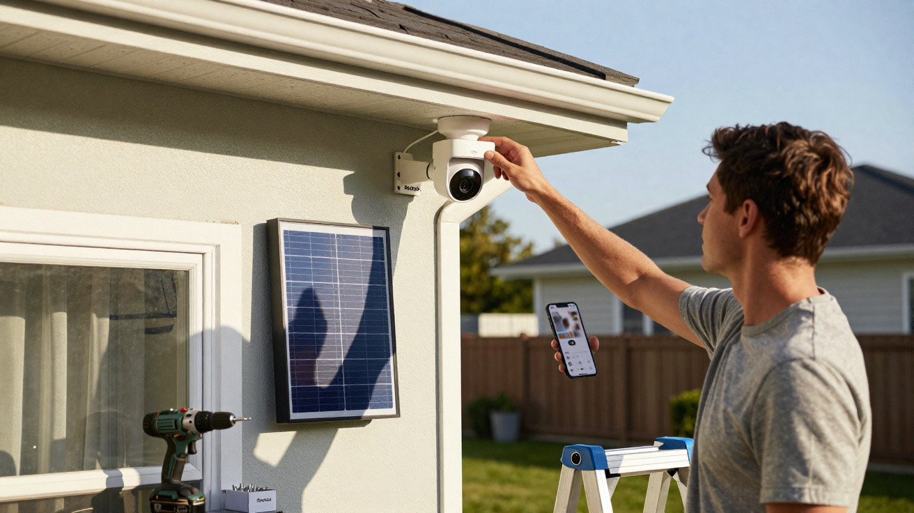 Man adjusting a solar-powered security camera on a house exterior using a smartphone while standing on a ladder.