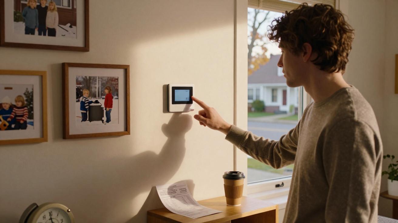 Person adjusting a wall-mounted thermostat in a well-lit room with family photos and a takeaway coffee cup nearby.