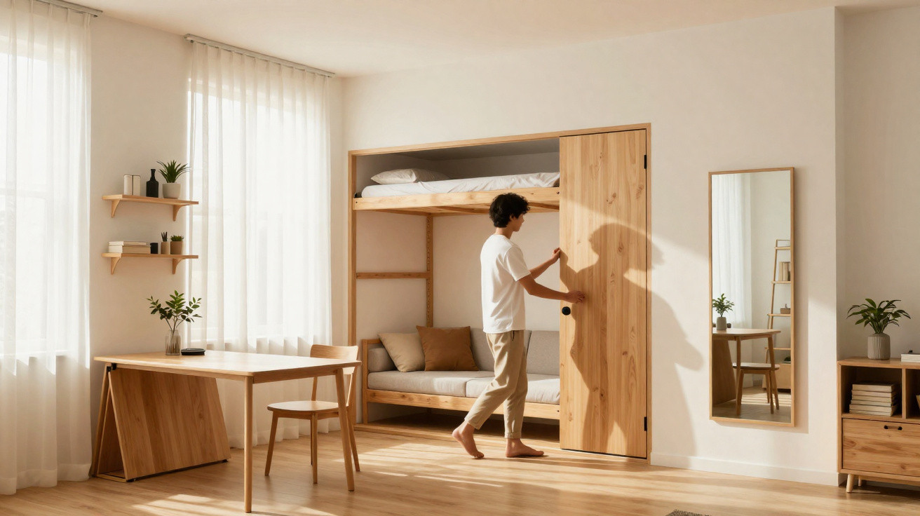 Person opening wooden sliding door of a bunk bed in a bright, minimalist bedroom with wooden furniture.
