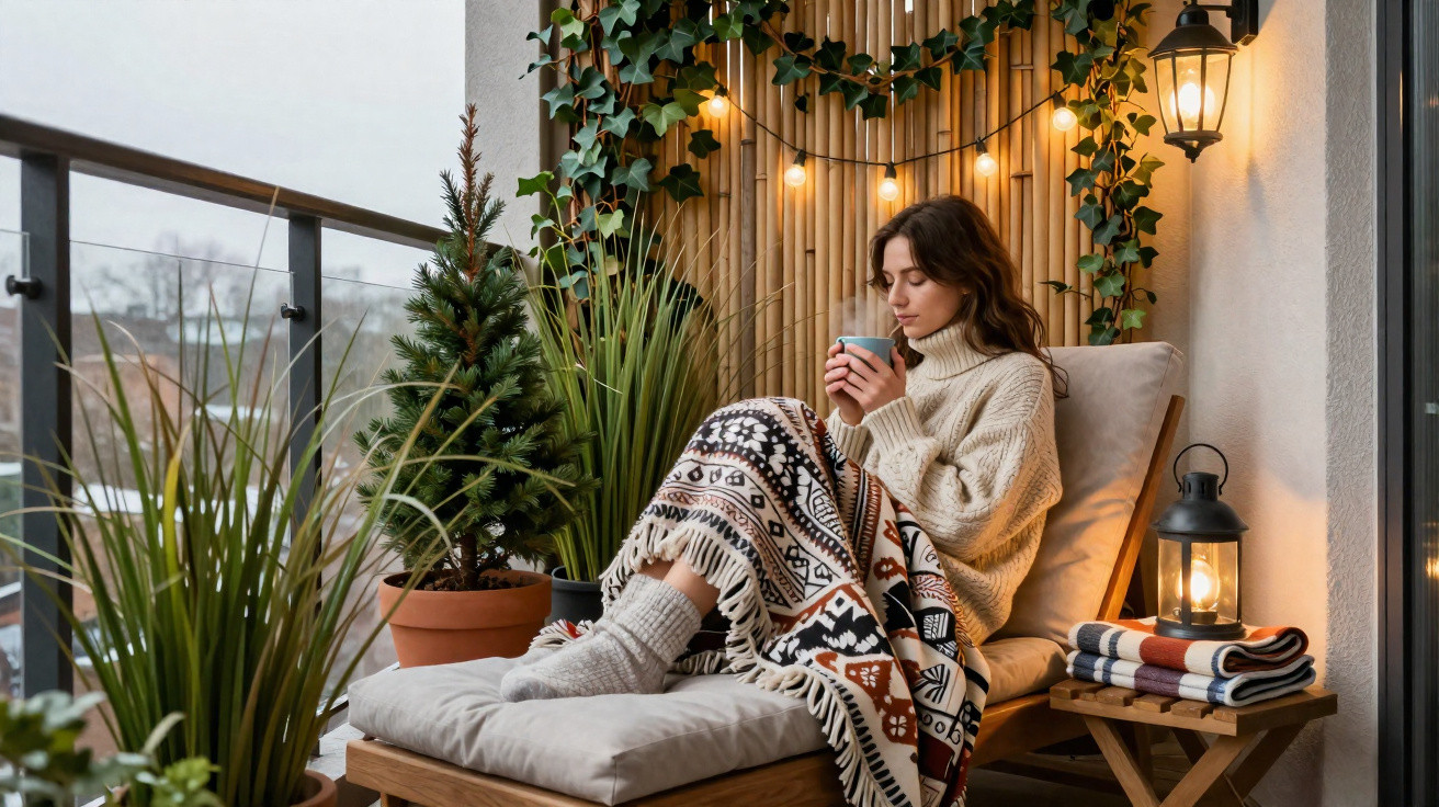 Woman wrapped in a patterned blanket, sitting on a balcony chair with a mug, surrounded by plants and warm lighting.