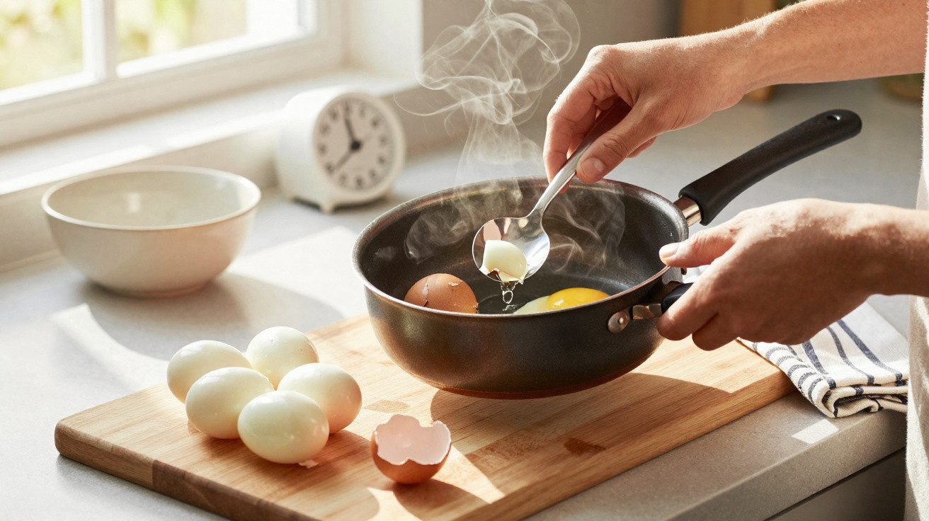 Hands cracking eggs into a steaming black frying pan on a wooden board with boiled eggs nearby.