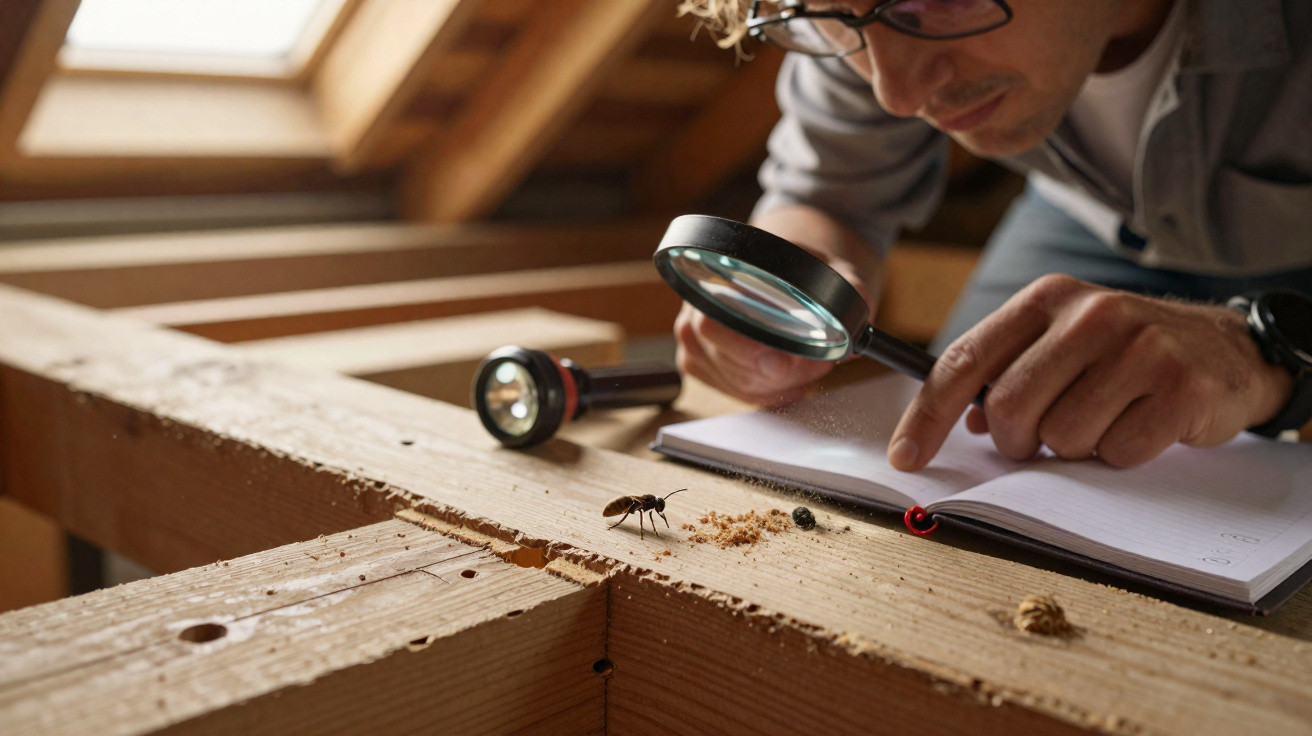 Man examining wasp and debris on wooden beam with magnifying glass and notebook in attic space.