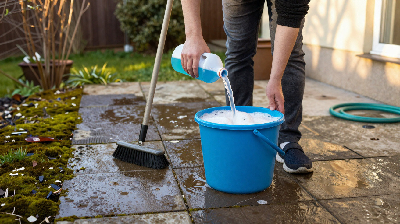 Person pouring soap into a blue bucket beside a broom on a wet garden patio with moss and broken glass.