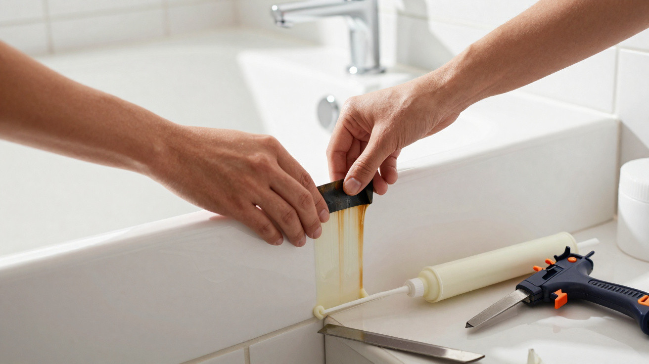 Hands peeling off old silicone sealant from a bathroom sink edge with sealant tools nearby.