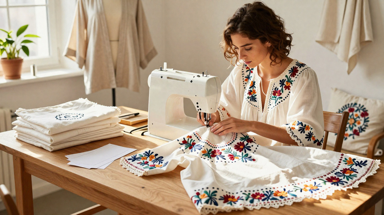 Woman using a sewing machine to stitch a white dress with colourful floral embroidery at a wooden table.