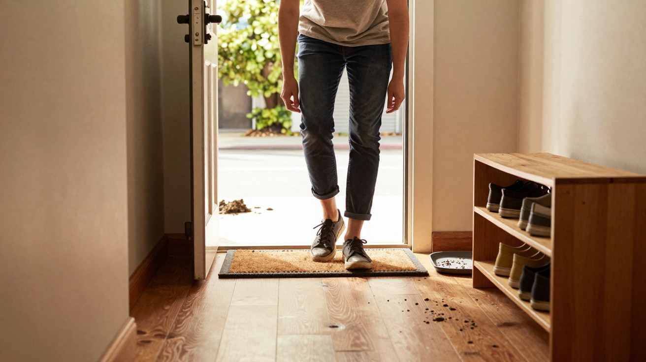 Person entering through open door leaving muddy footprints on wooden floor inside hallway with shoe rack to the side.