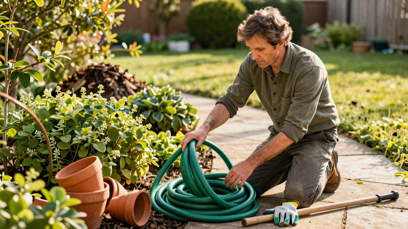 Man kneeling in garden coiling green hose beside terracotta pots and gardening tools on sunny patio.