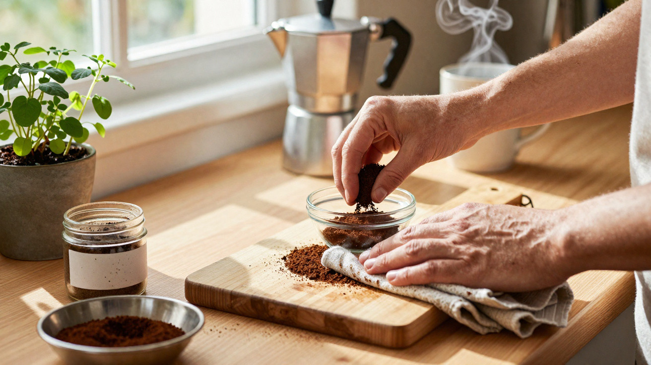Hands pressing coffee grounds on a wooden board in a bright kitchen with a steaming cup and moka pot nearby.