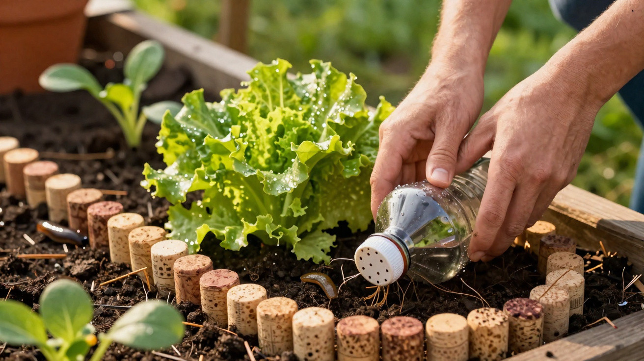 Hands watering a lettuce plant in a raised garden bed bordered with wine corks.