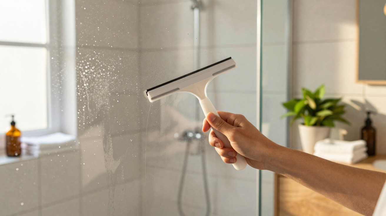 Hand using white squeegee to clean water droplets off a glass shower door in a bright bathroom.