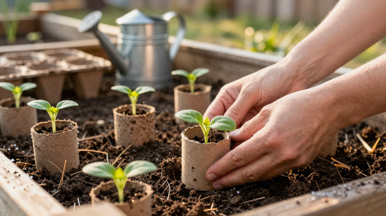 Hands planting young seedlings in biodegradable pots in soil with watering can in background outdoors.