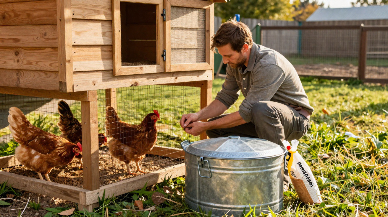 Man crouching by a wooden chicken coop feeding three brown hens in a sunny backyard garden.