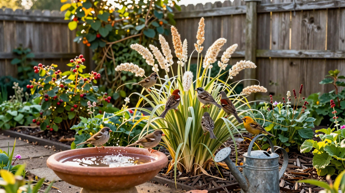 Small birds perched on plants and a birdbath in a sunlit garden with a wooden fence background