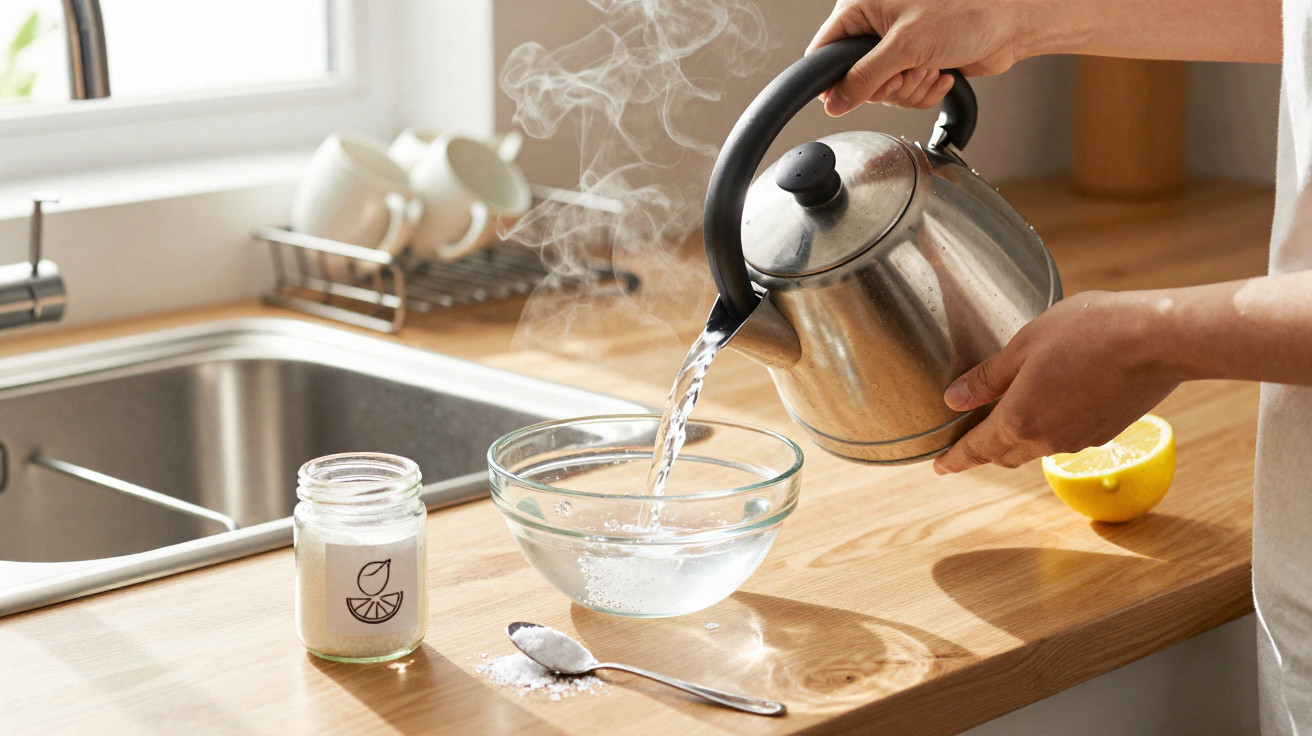Hands pouring steaming water from a kettle into a glass bowl on a wooden kitchen countertop with lemon and salt nearby.