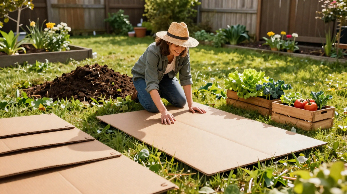 A woman in a sun hat kneels on grass, laying cardboard sheets in a garden with vegetable crates nearby.