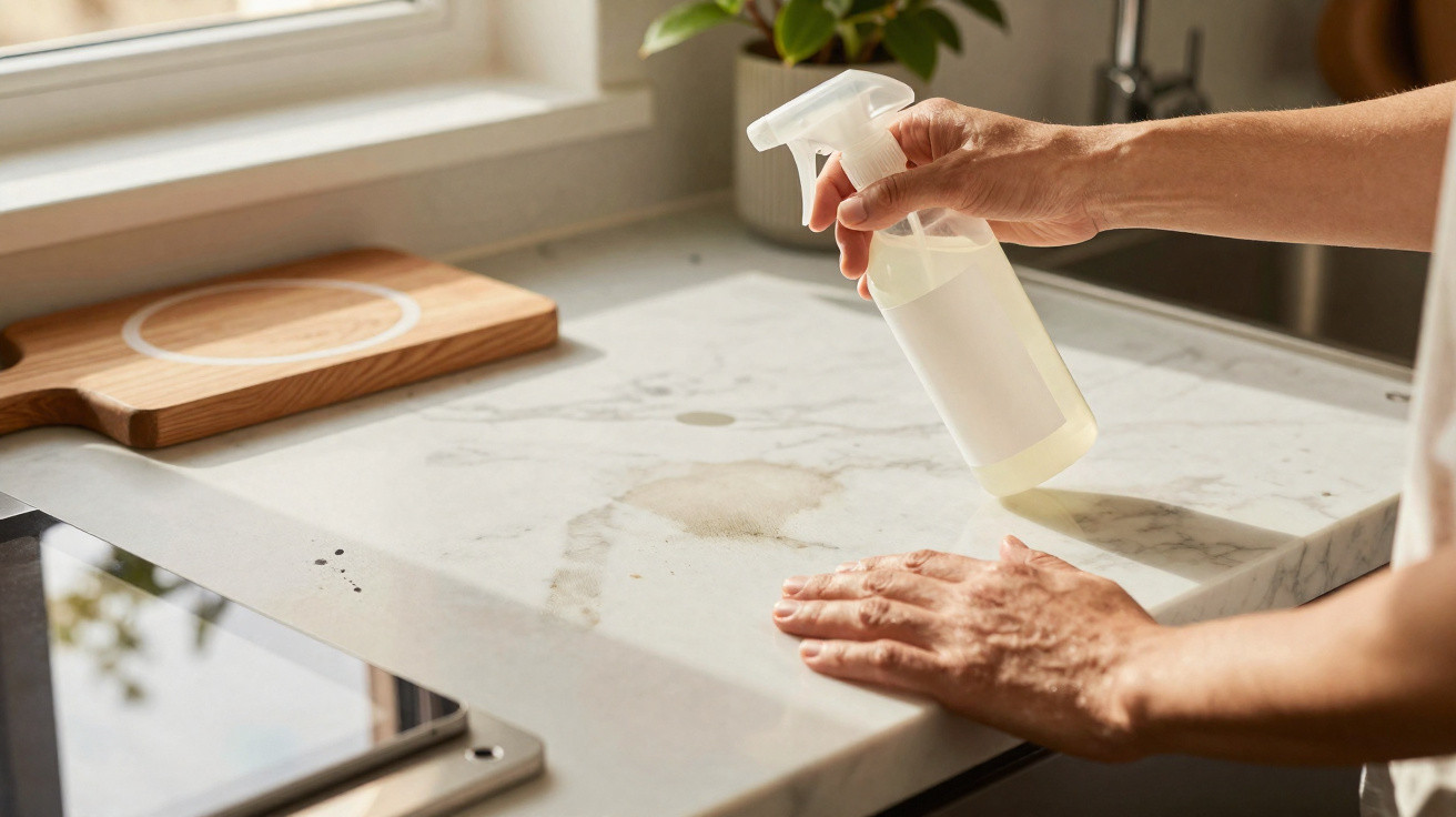 Person spraying cleaning solution on marble kitchen countertop near wooden chopping board and stove.