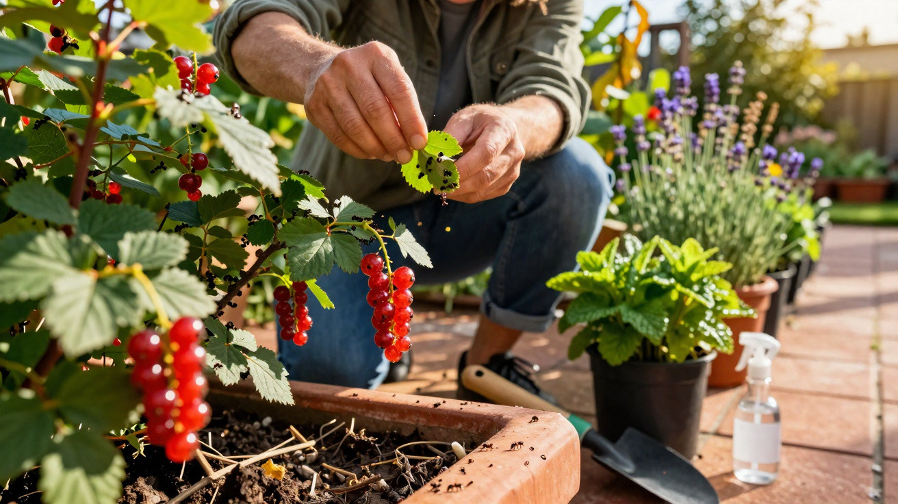 Person harvesting red currants from a garden plant in a sunny outdoor patio setting.