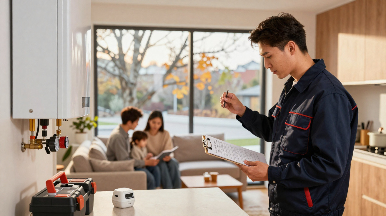 Technician in uniform inspecting home heating system with a family sitting on a sofa in the background.